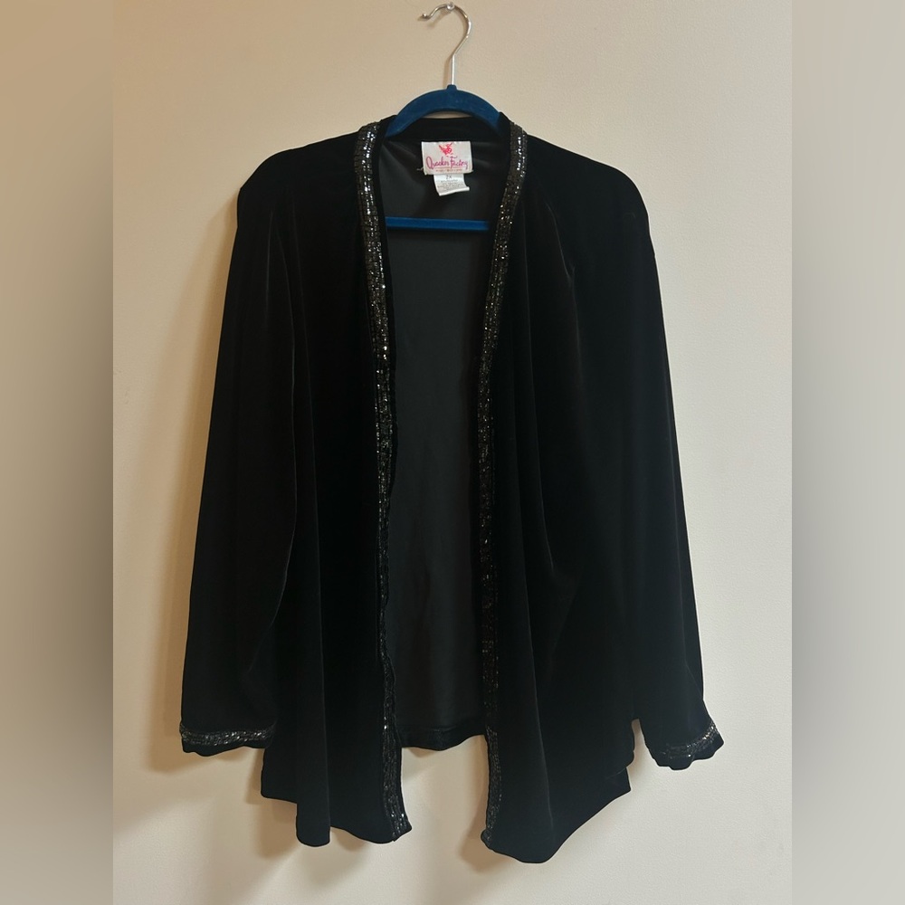 Quacker Factory Vintage Black Stretch Velvet Sequin Embellished Cardigan Sweater